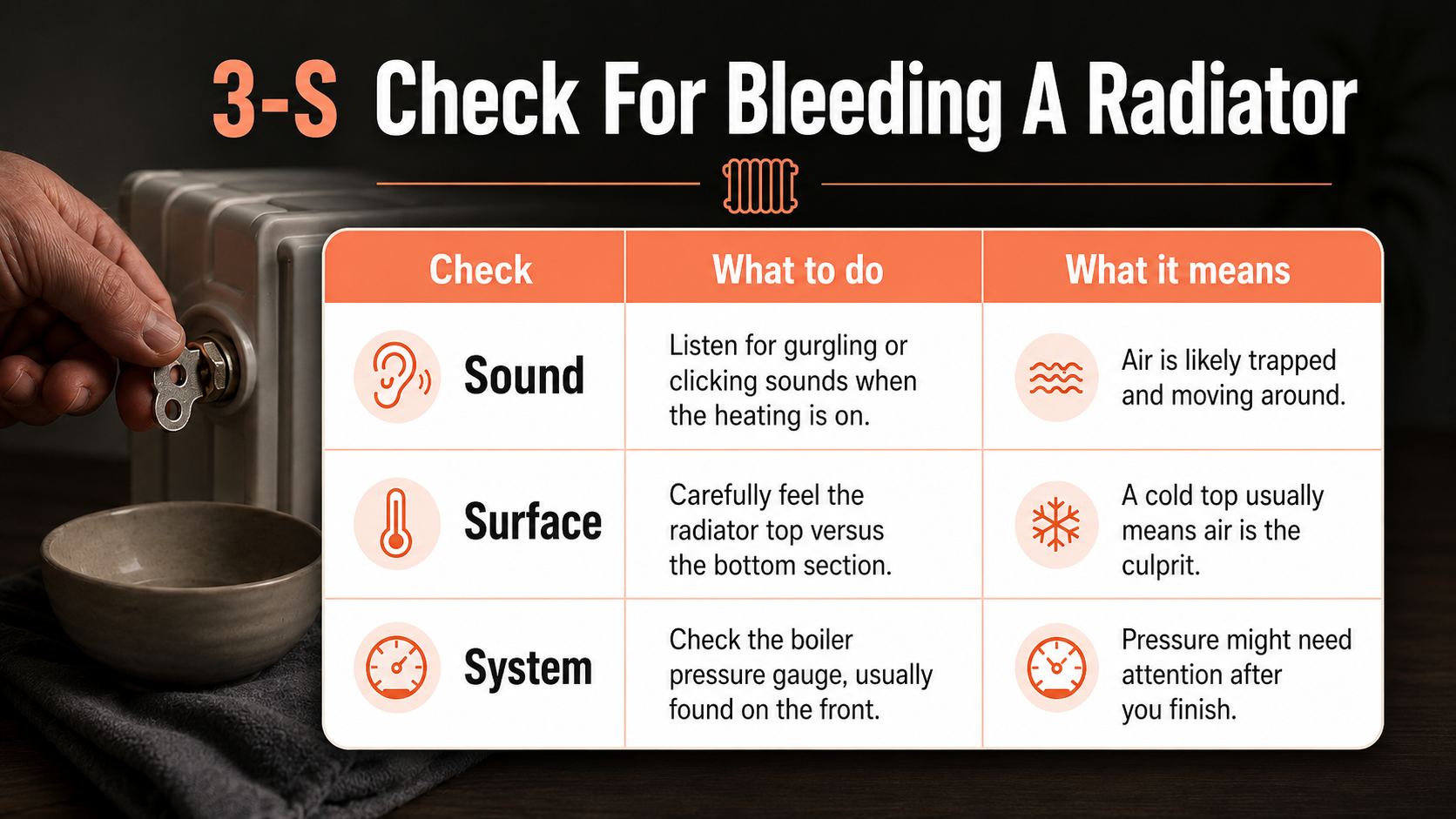What is the 3-S check before bleeding a radiator