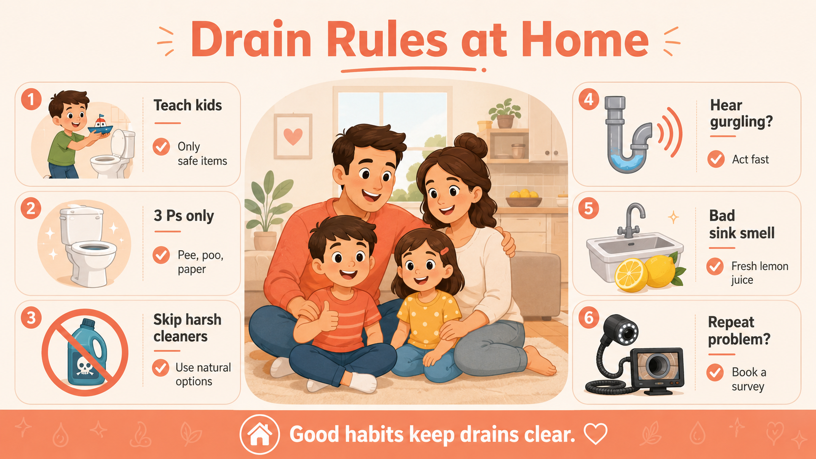 Why Should You Educate Your Family About Drains?
Everyone in the house must follow the same drainage rules. After all, children often flush toys or wipes down the toilet by accident. So, explain the importance of the three Ps to every family member. This way, good habits help prevent many common plumbing problems before they start. In the long run, a team effort keeps your home's drainage system working properly.
Discard hazardous chemical cleaners and use natural options.
Book a CCTV survey for any recurring pipe problems.
Act immediately when you hear gurgling in the walls.
Use fresh lemon juice to remove sour sink smells.
Teach children which items are safe for the toilet.